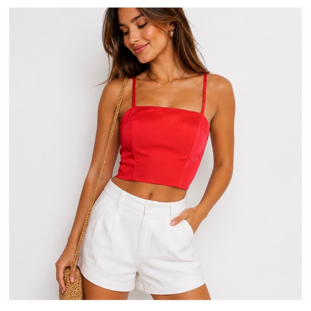 Old Navy The Occasion Live Coral Satin Cropped Tube Top Camisole Petite M Red